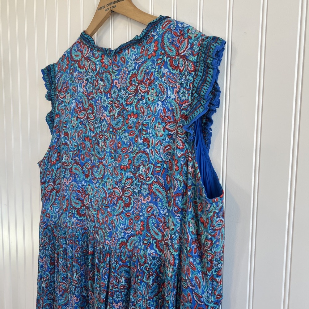 J JILL Women's Coastal Ruffles Sleeveless Midi Dress Blue Paisley Floral Sz XL T - Picture 7 of 9